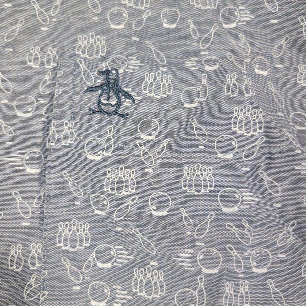 Original Penguin Mens XXL Bowling Print Button Down Shirt Blue Long Sleeve